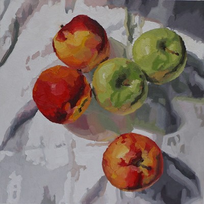 Still life oil painting by Nicole Lamothe, Apollo Beach, Florida artist, vibrant red apples still life