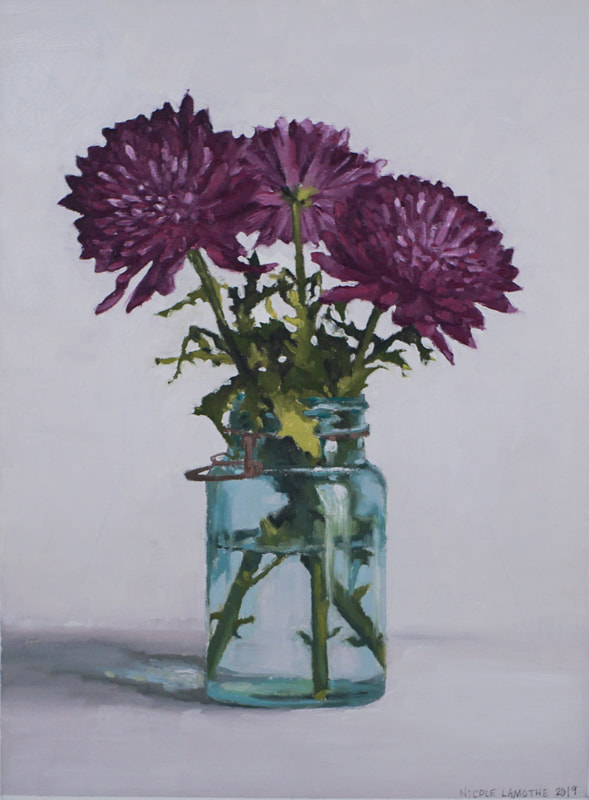 Realistic still life oil painting of Mum flowers