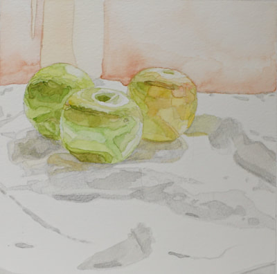 Still life watercolor painting by Nicole Lamothe, Apollo Beach, Florida artist, vibrant green apples