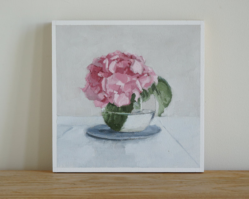 Still life floral oil painting, pink hydrangea, Nicole Lamothe