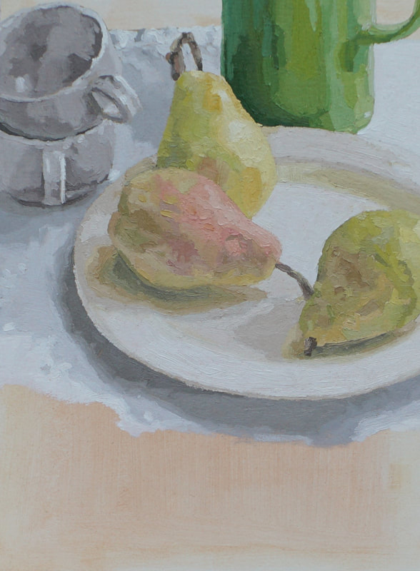 Still life oil painting, pink and green pears by Nicole Lamothe, Apollo Beach, Florida artist