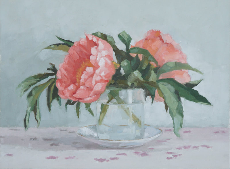 Painting of pink Peony in bloom, Still life oil painting, Nicole Lamothe