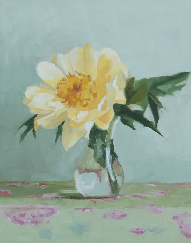 Painting of faded yellow Peony, Still life oil painting, Nicole 