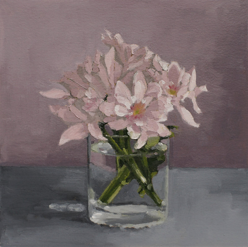 Realistic still life oil painting of pink daisy flowers