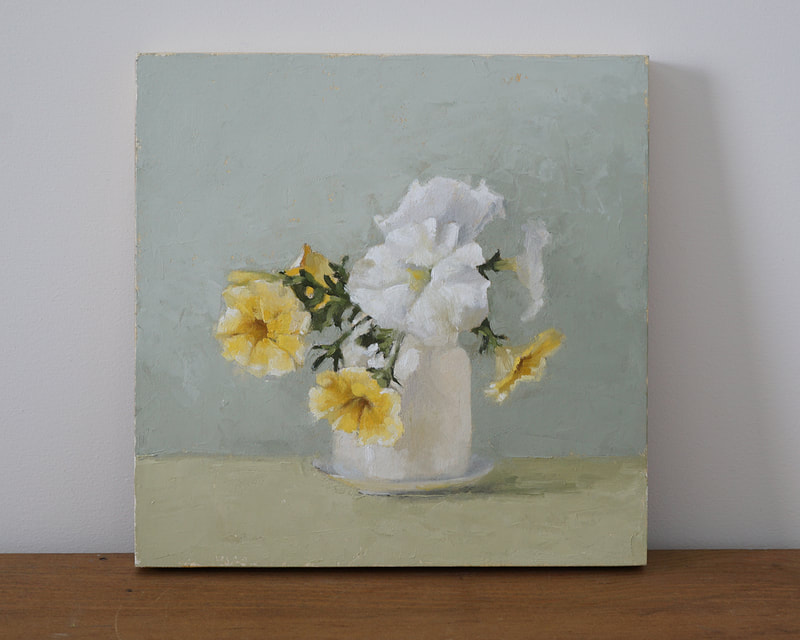 Still life oil painting of white and yellow petunias in a white vase with blue-gray and pale, yellow-green background. Nicole Lamothe artwork