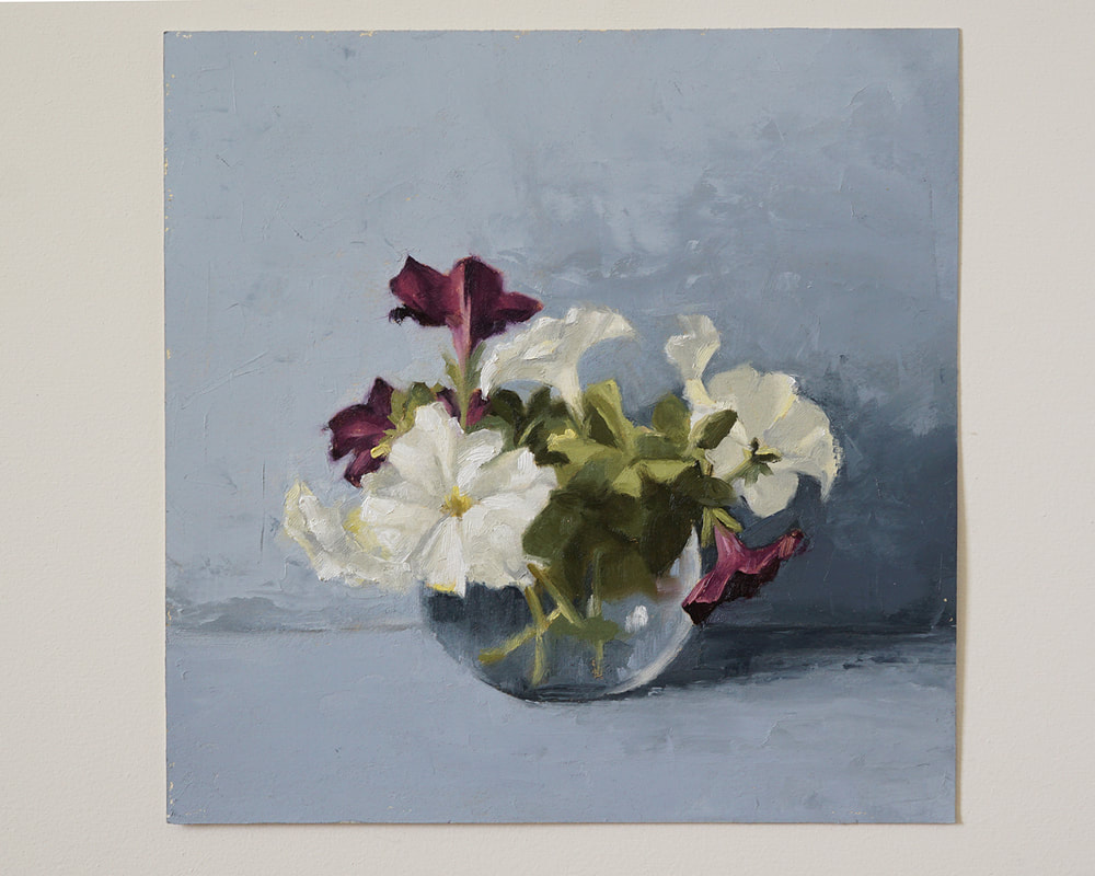 Oil painting of white and red-violet petunias by Nicole Lamothe
