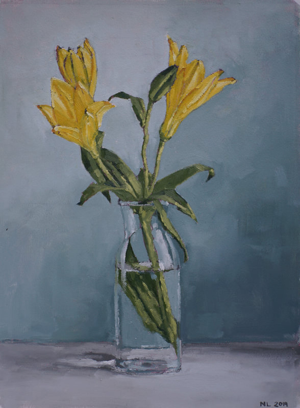 Realistic still life oil painting, yellow lily flowers 